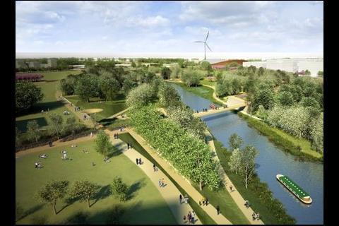 2040 view looking north with velopark and wind turbine in background